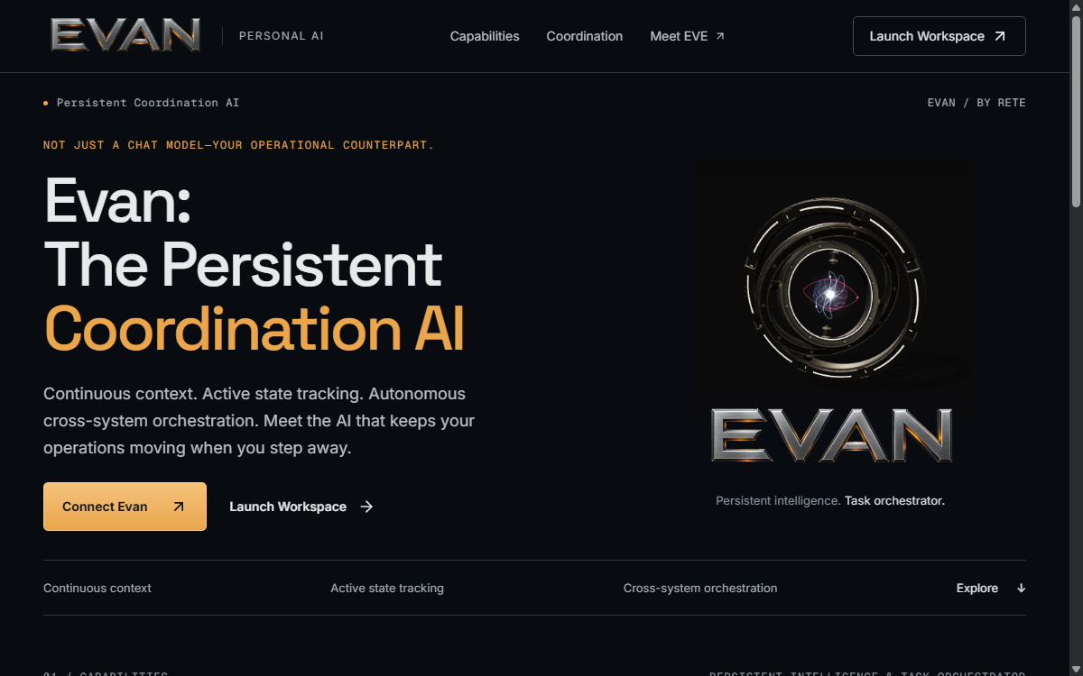 Current EVAN public introduction with the EVAN wordmark and continuity presentation