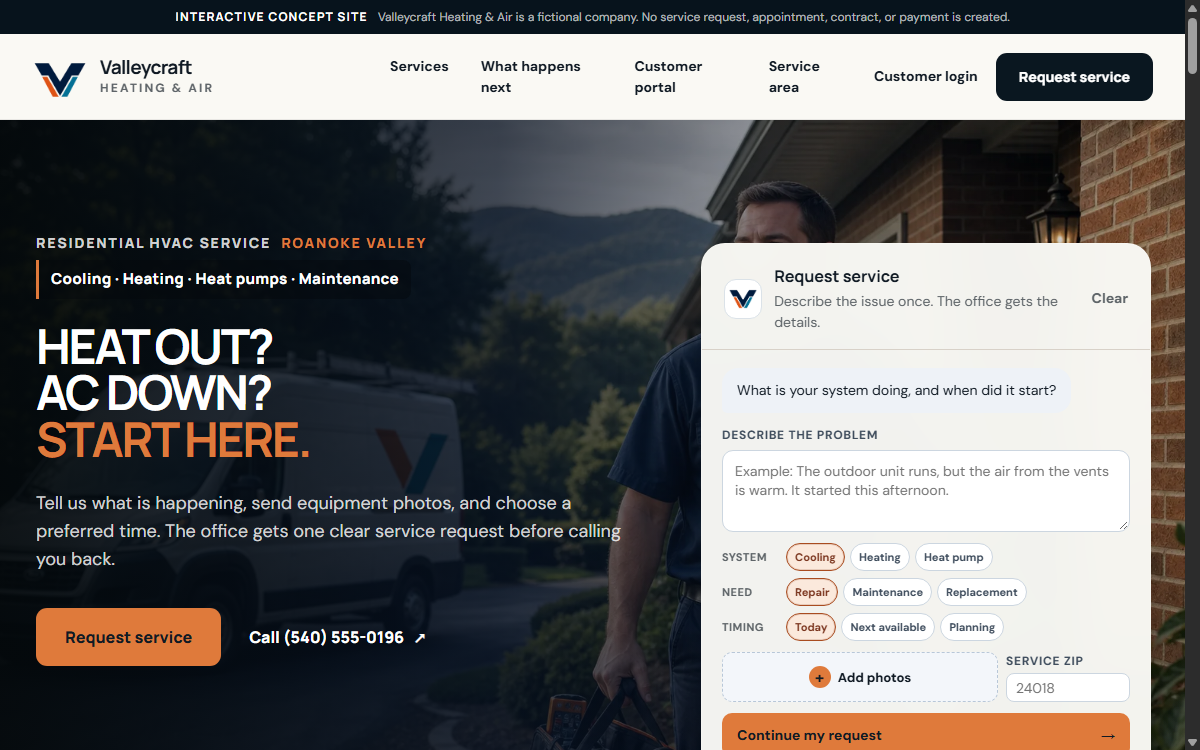 Current Valleycraft public concept-study surface with a structured HVAC service-request form