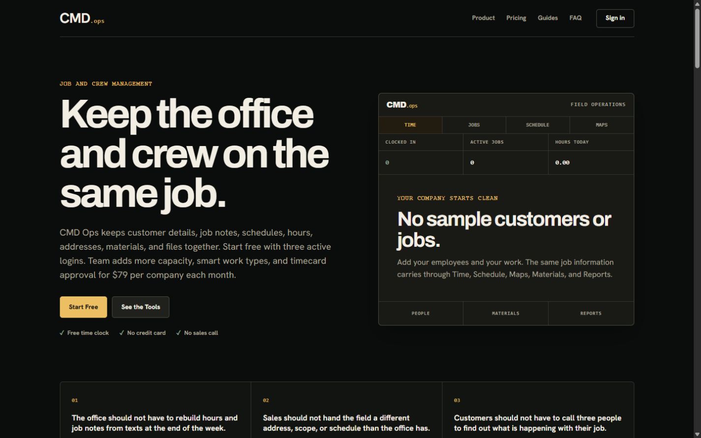 CMD Ops homepage introducing job and crew management.