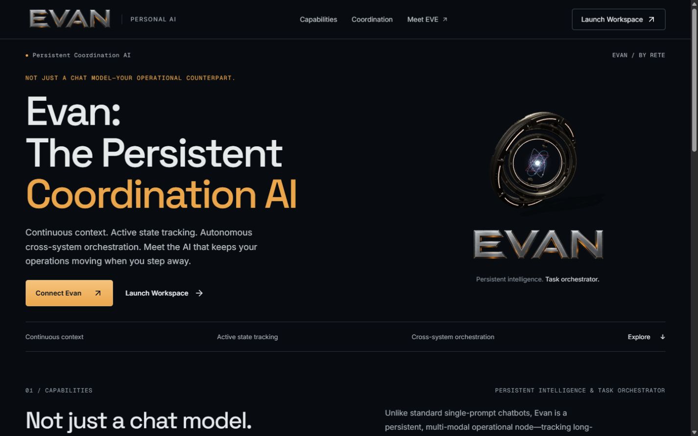 EVAN homepage introducing its personal coordination workspace.