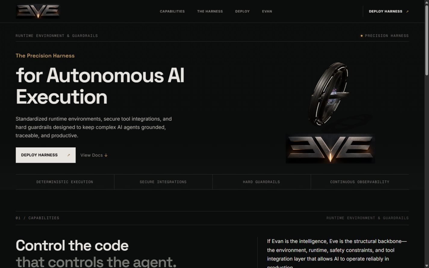 EVE homepage introducing the framework for automated work.