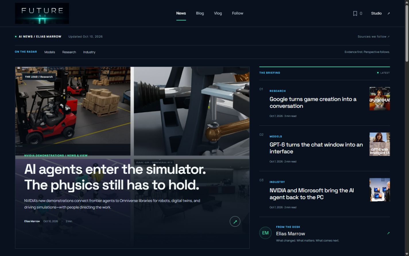Future AI homepage with its lead story, briefing and news navigation.