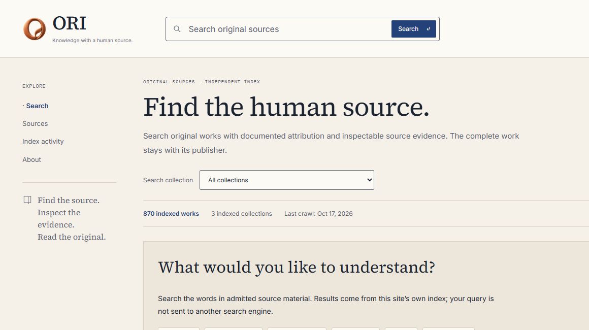 ORI search homepage with its human-source introduction, collection selector and source information.